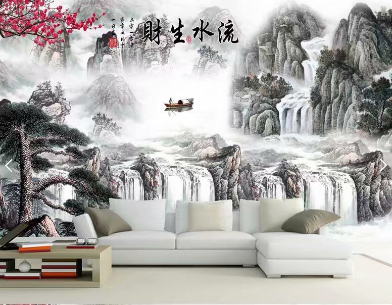 水墨迎客松壁画流