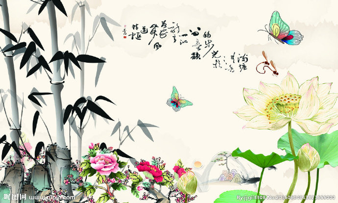 G国画竹子荷花背