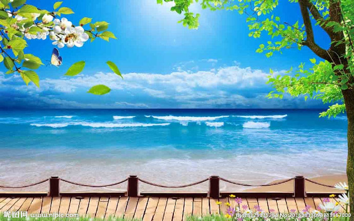 G沙滩树木背景墙