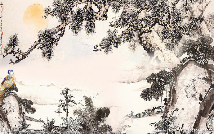 G山水复古柳枝图