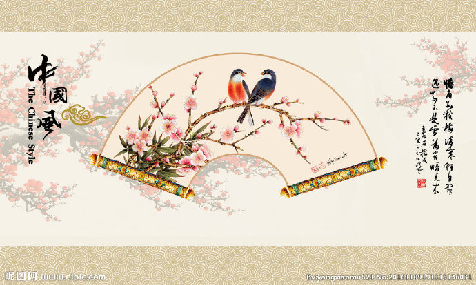 G中国风花鸟扇子