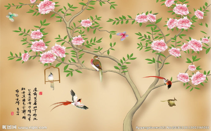 G中式手绘花鸟影