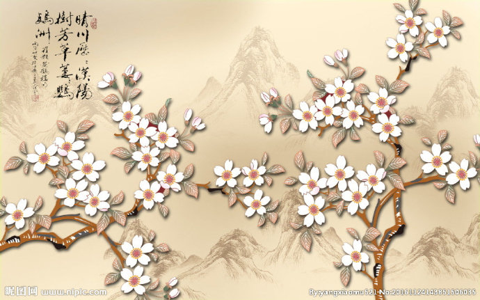 G中式山水花鸟背