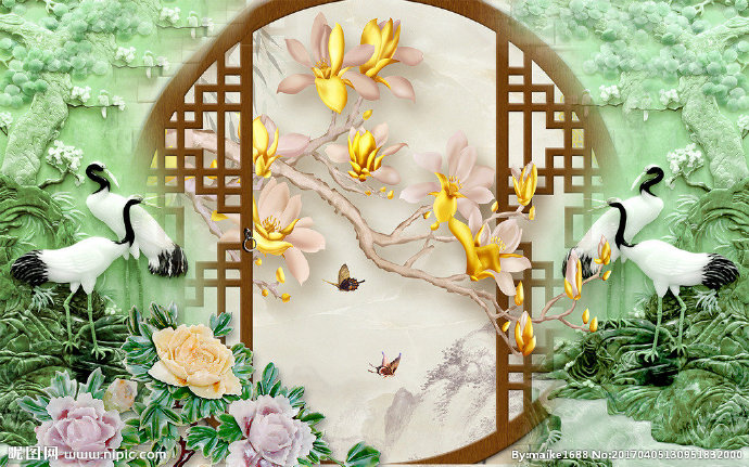 G浮雕仙鹤玉兰花