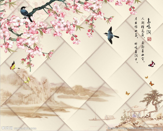 G中式山水花鸟背