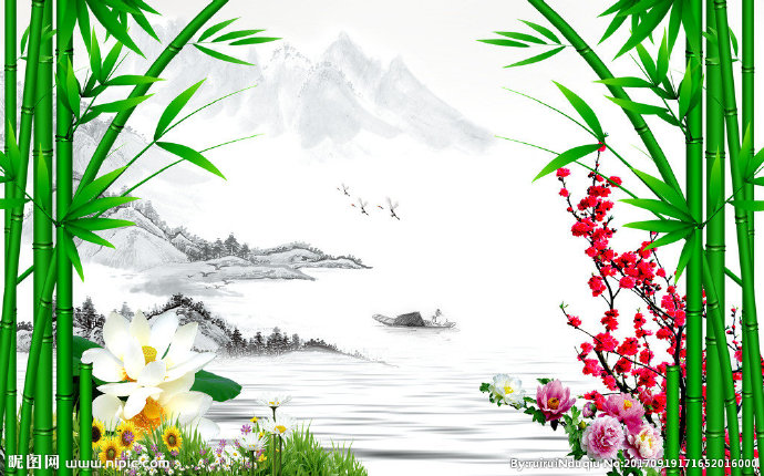 G水墨山绿竹荷花