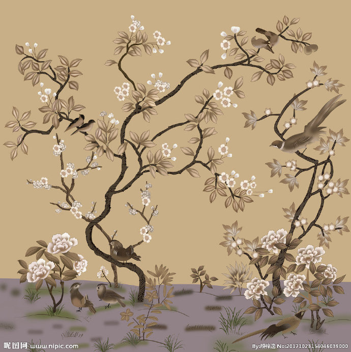G手绘壁画花鸟图