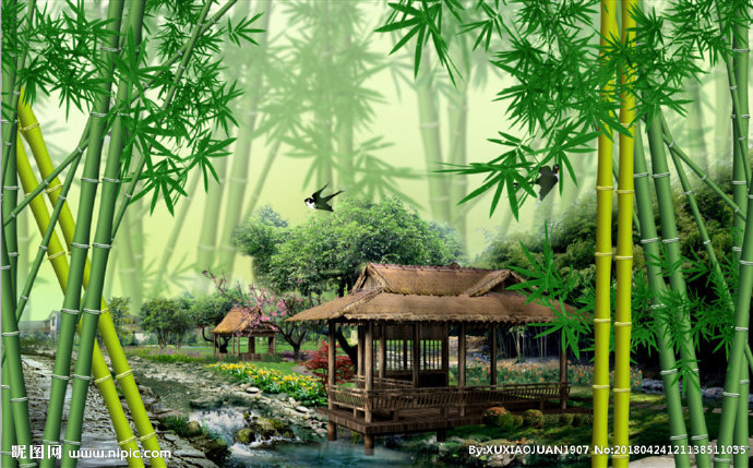 G竹林 草屋背景