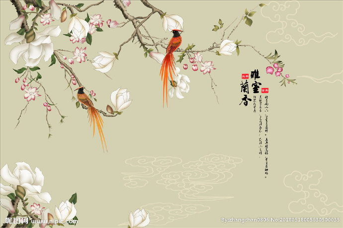 G中式玉兰花鸟背