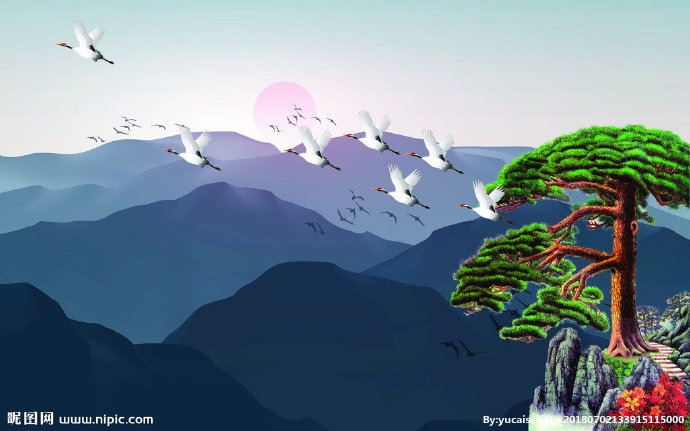 G迎客松山水背景