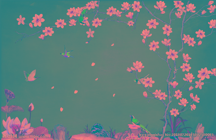 G手绘花鸟背景墙