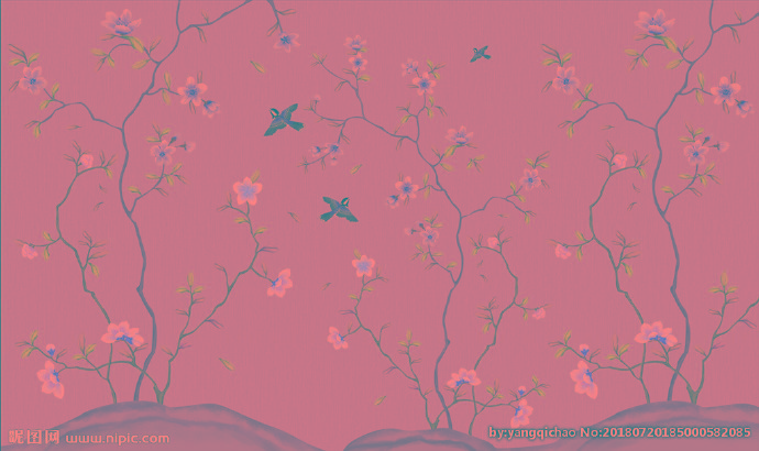 G手绘花鸟背景墙