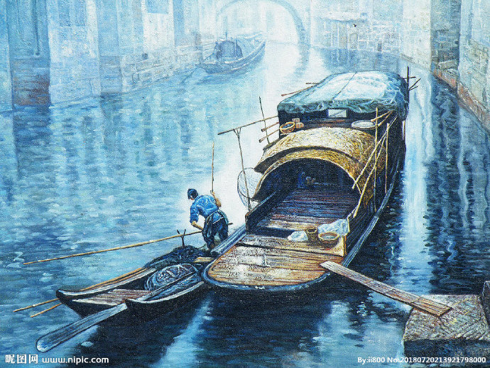 G清晨水乡油画背