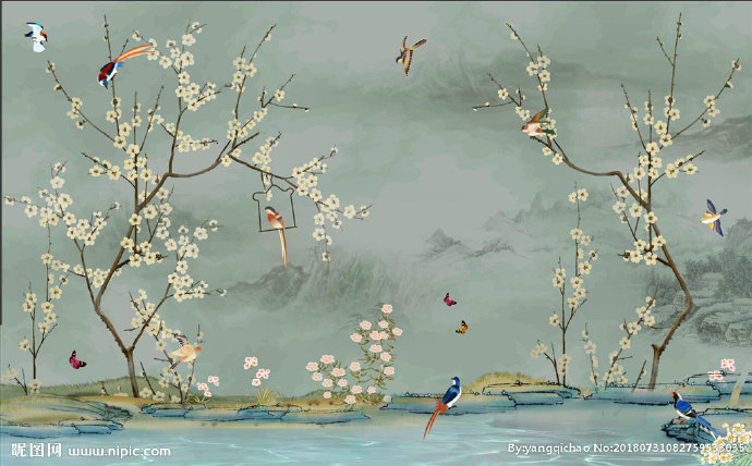 G中式花鸟背景墙