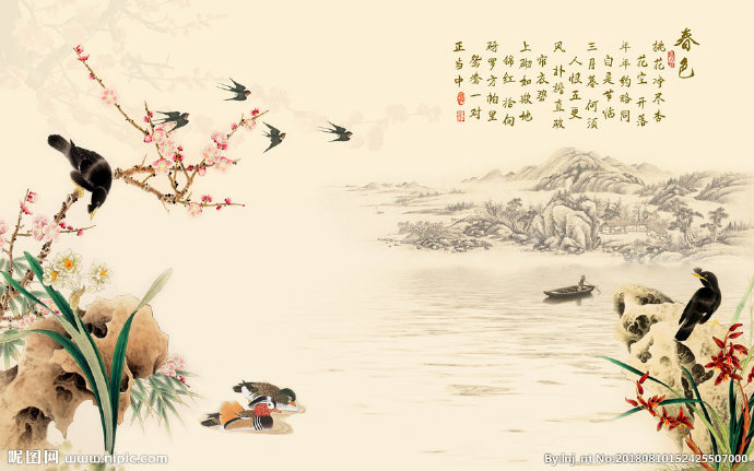 G喜鹊花鸟背景墙