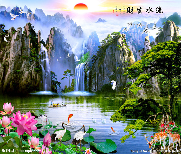 G荷花鹿山水流水