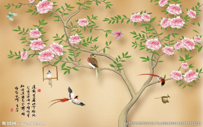 G手绘花鸟背景墙