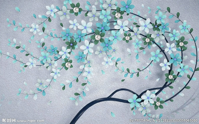G油画花卉珍珠蓝