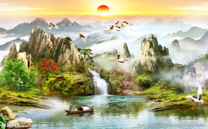 G流水生财山水背