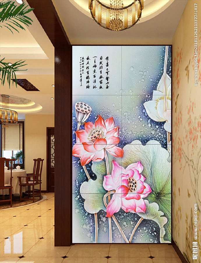 G彩雕荷花玄关装