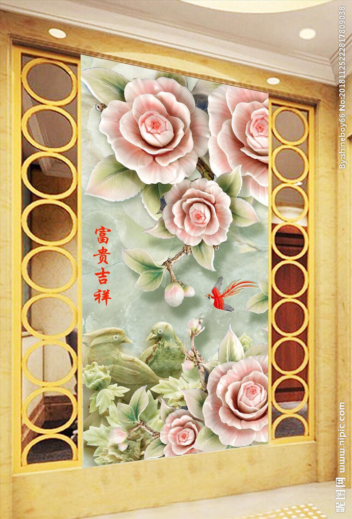 G玉雕牡丹花鸟玄