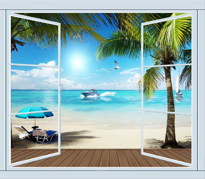 窗外海景椰树3D