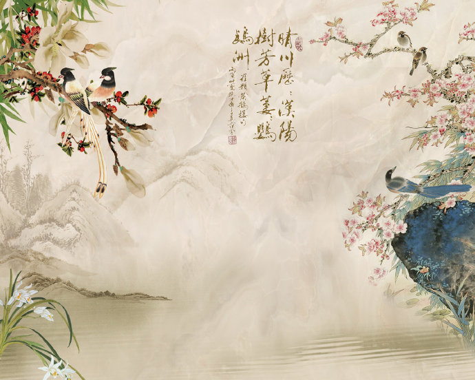 新中式花鸟山水背