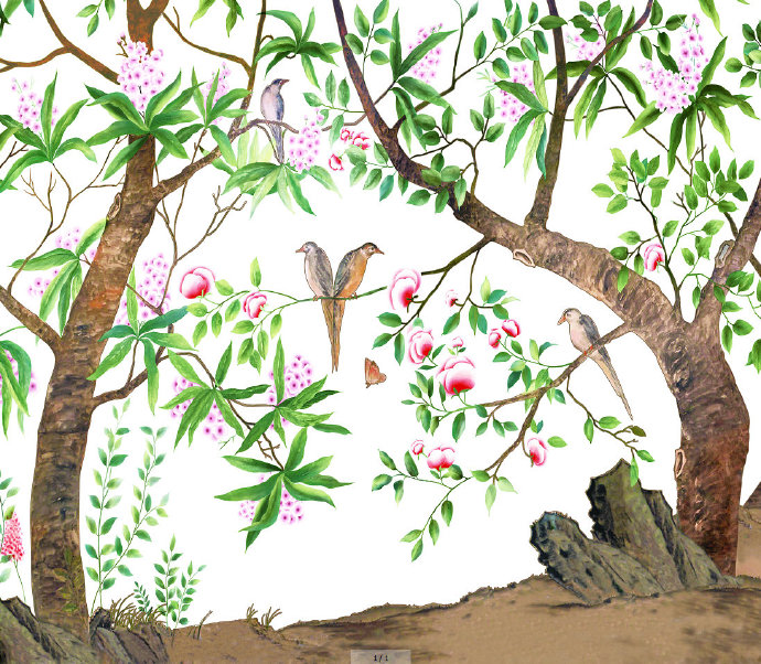 中式简约树花鸟背