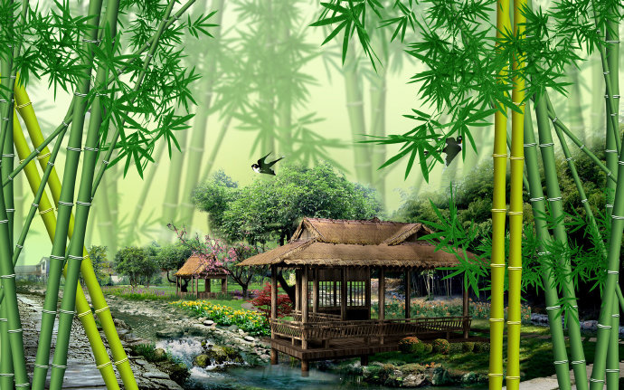 客厅竹林茅屋电视