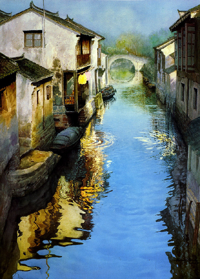 中式油画小村庄蓝