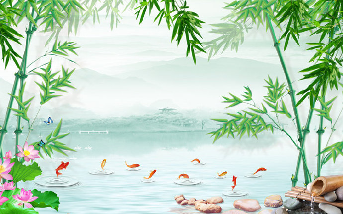 中式山水竹子荷花
