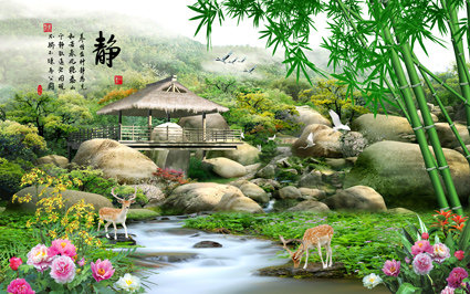 竹子 山水茅亭静