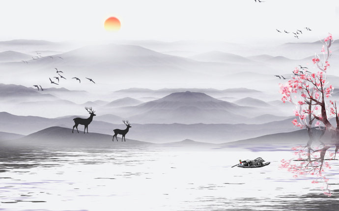 水墨麋鹿背景墙图