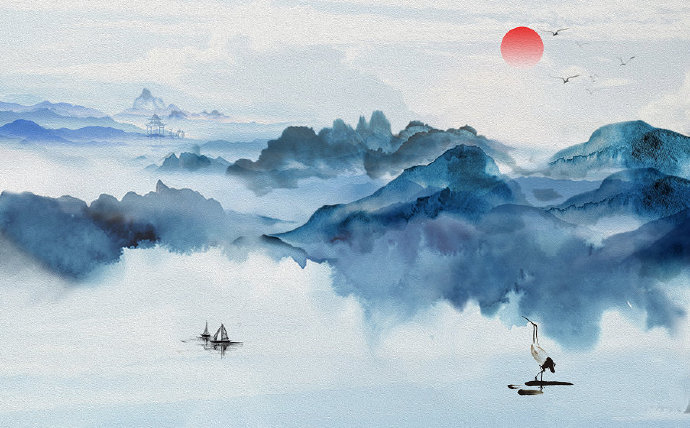 抽象水墨山水仙鹤