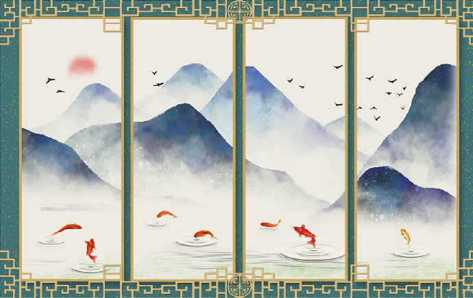 四连框画远山飞鸟