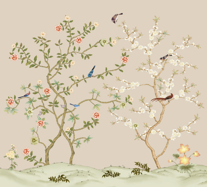 手绘工笔花鸟背景