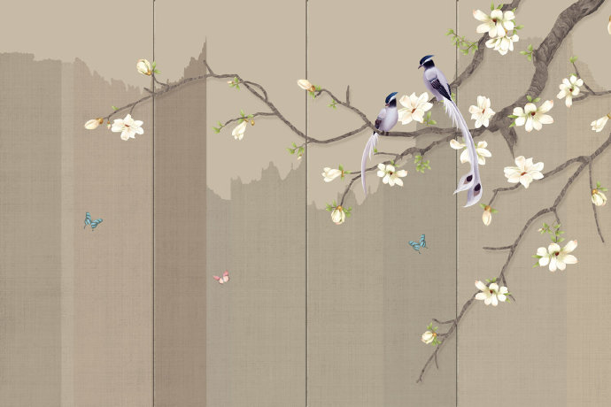 手绘中式玉兰花鸟