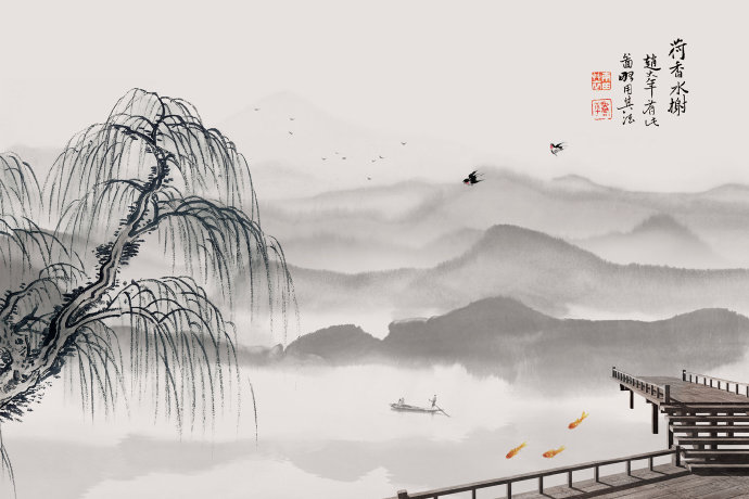 荷花水榭远山柳树