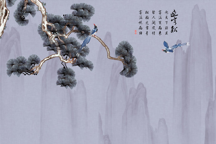 迎客松花鸟远山背