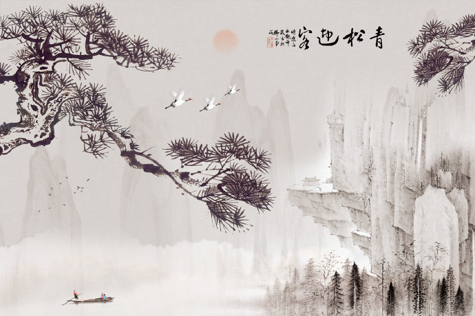迎客松竹子仙鹤远