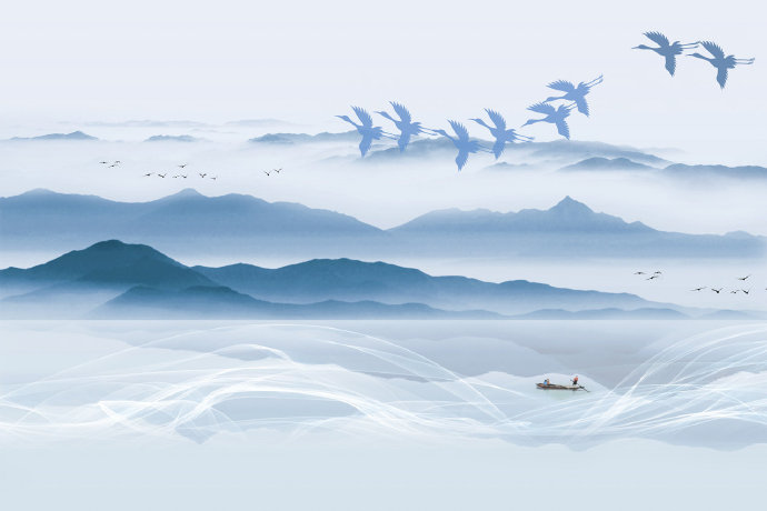 新中式蓝色水墨山