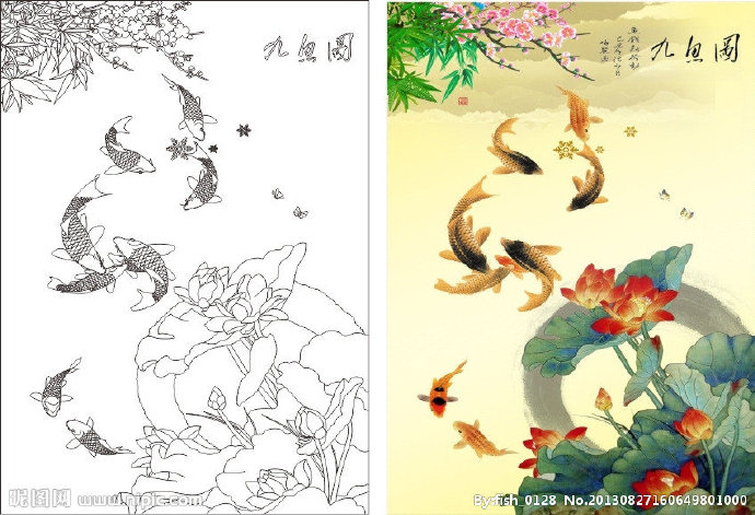 G九鱼图 线稿九