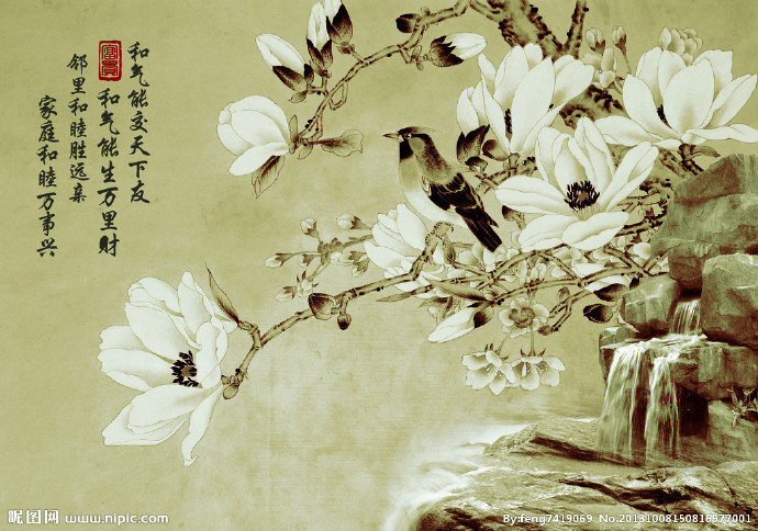 G国画花鸟背景墙