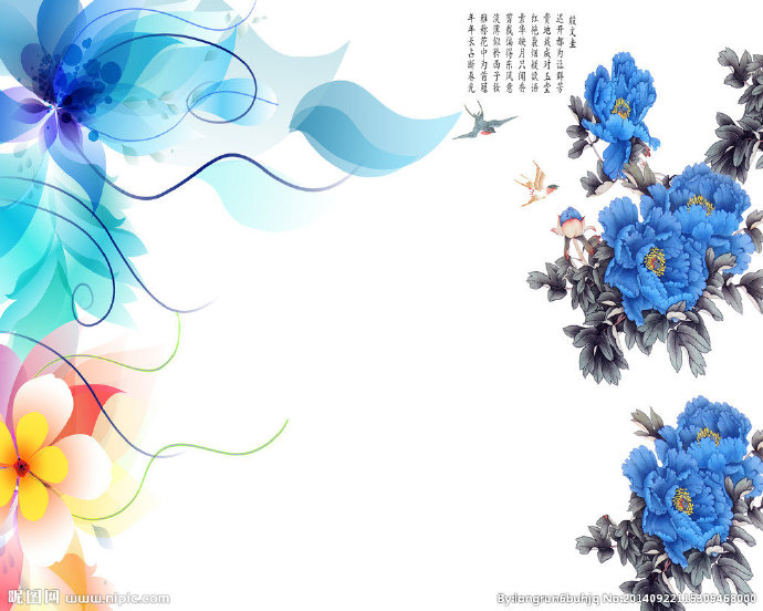 G蓝牡丹背景墙背