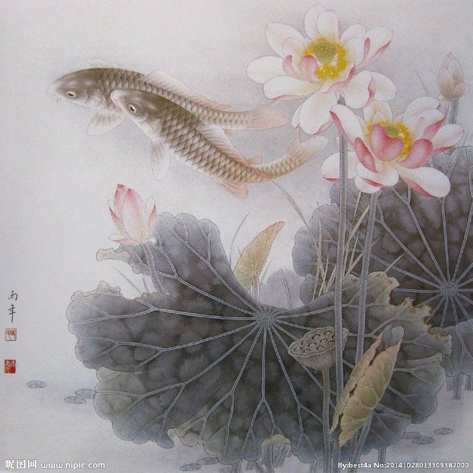 G工笔国画荷花鲤