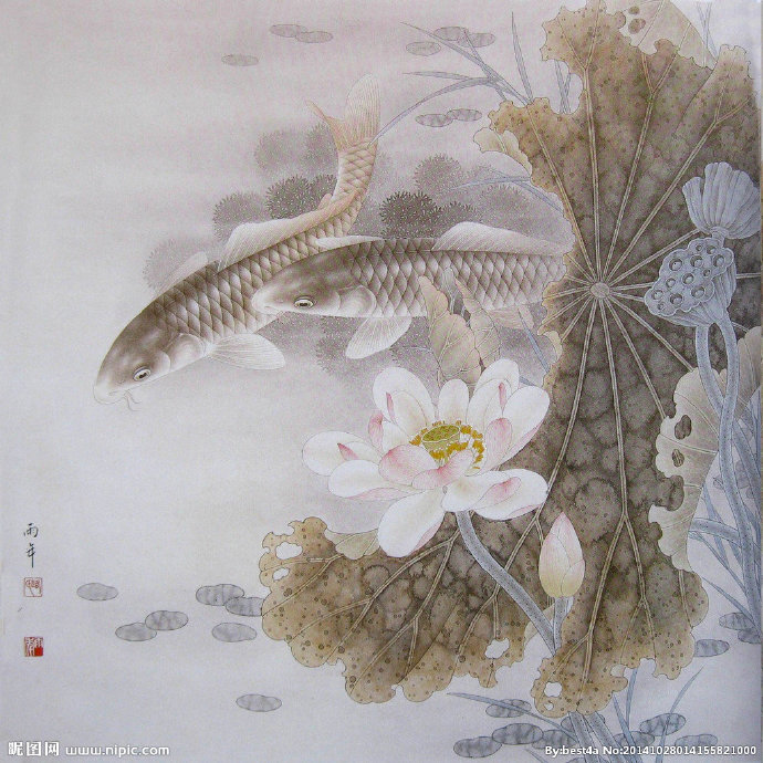 G工笔国画荷花鲤