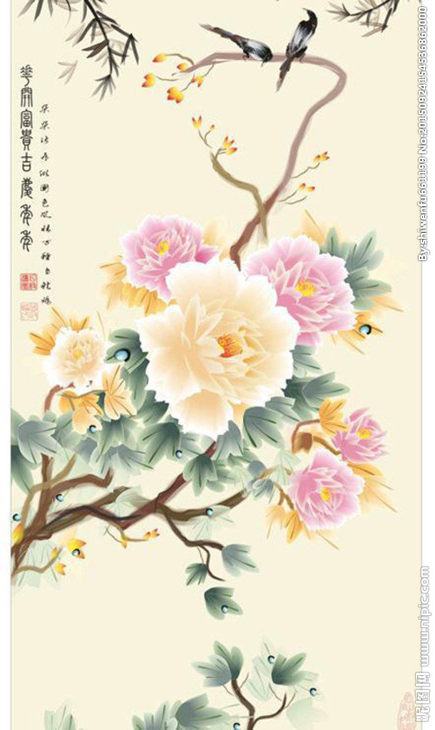 G牡丹画背景墙背