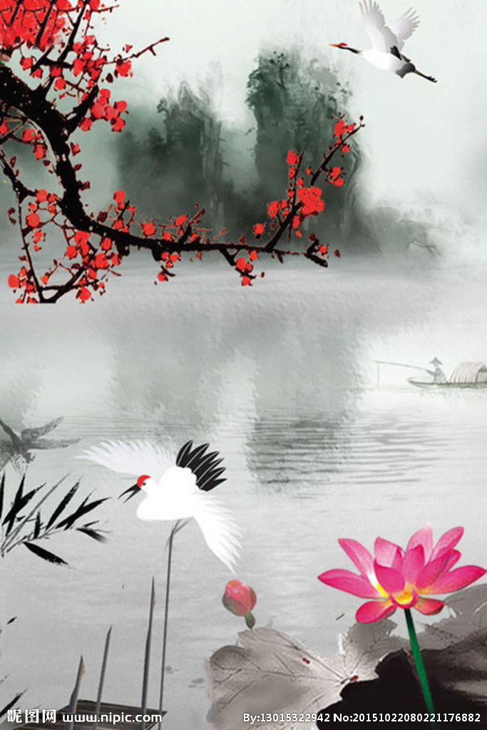 G国画荷花背景墙