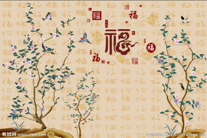 G福字花鸟图背景