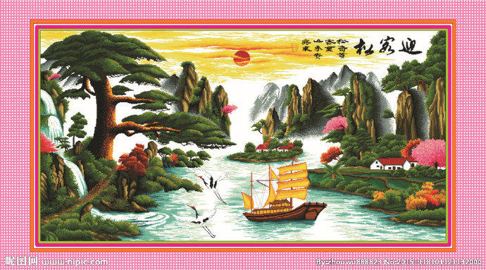 G迎客松十字绣背